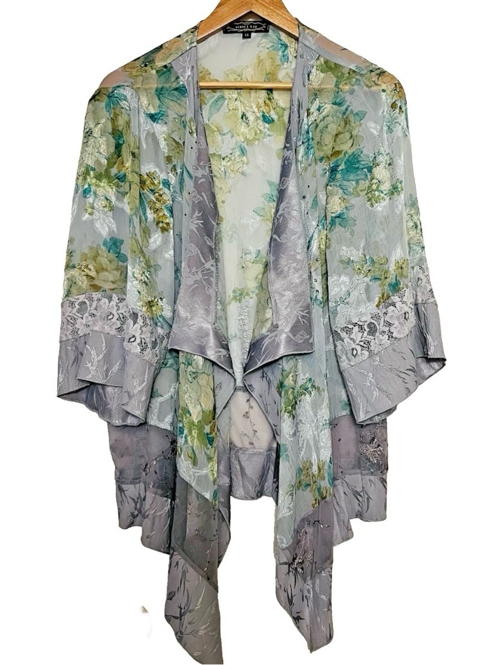 Violet Kay SZ 1X Elegant Semi Sheer Floral Waterfall Wrap Kimono Lacey Sequin